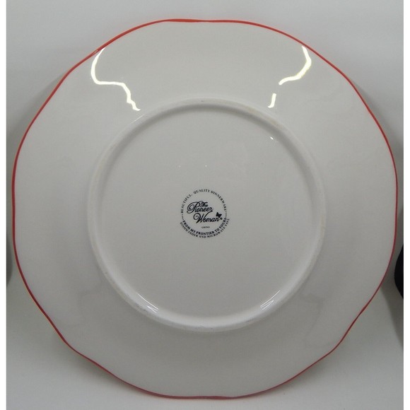 Pioneer Woman Country Garden Floral Dinner Plates Set of 2 Scalloped Red Trim - Picture 5 of 12